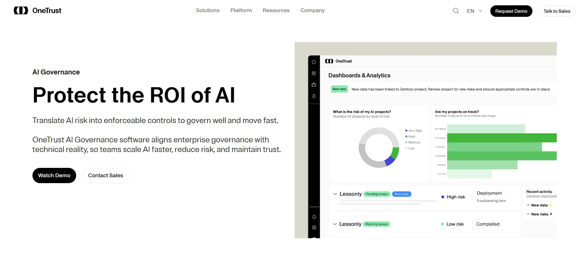 OneTrust manages AI inventory policy risk and runtime governance