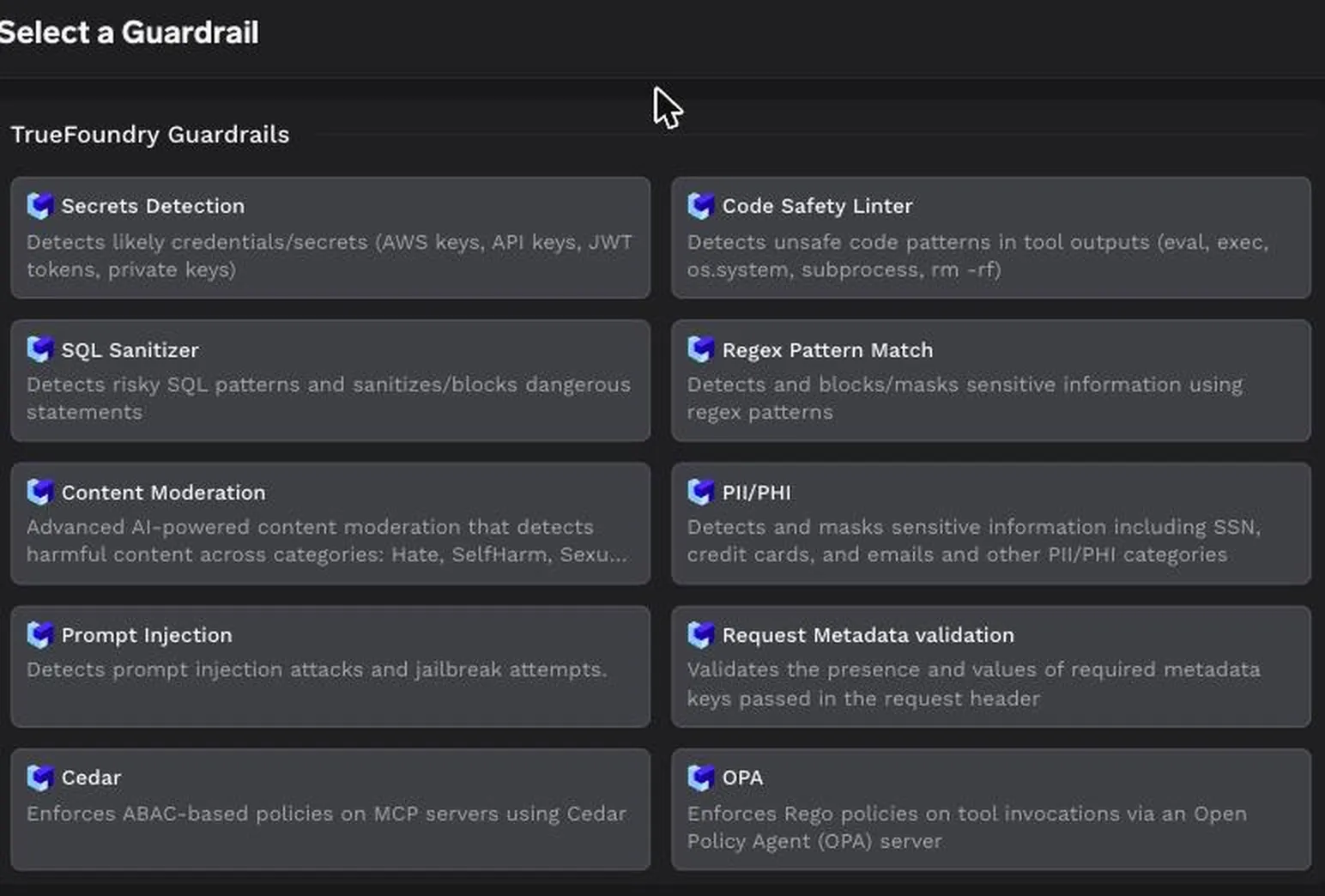 TrueFoundry AI Gateway guardrail catalog including prompt injection, PII, and MCP policy enforcement