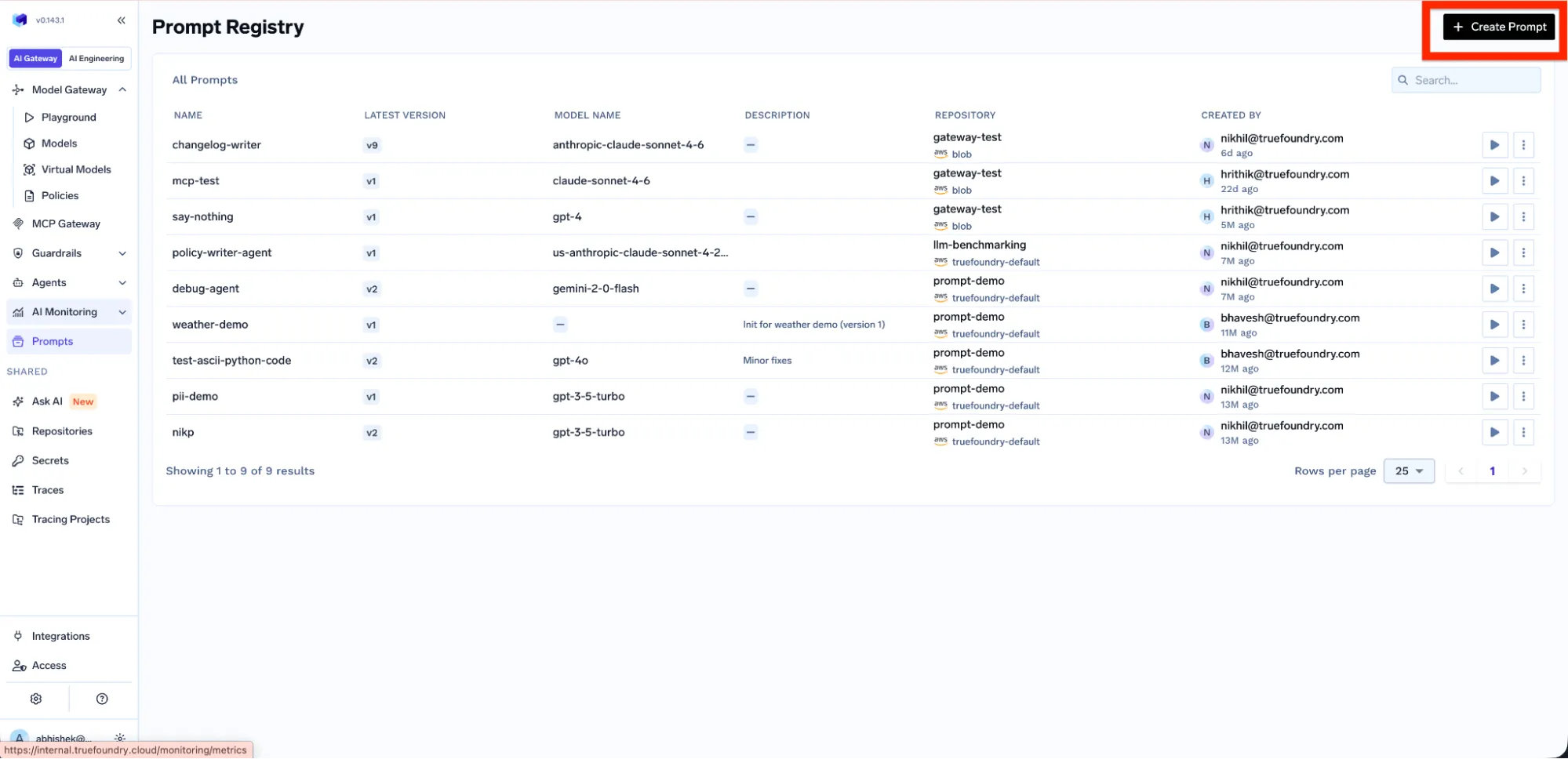 TrueFoundry Prompt Registry showing saved prompt list and the create prompt button