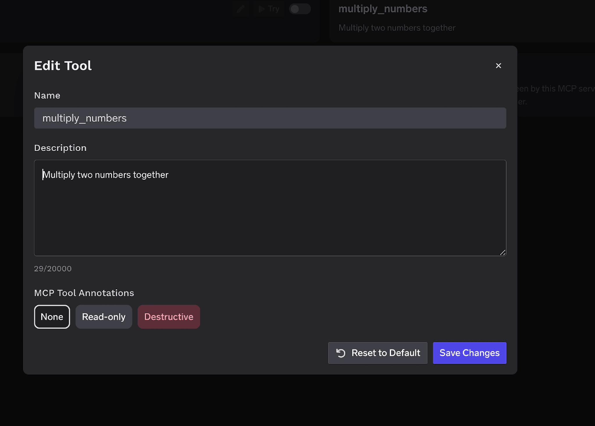 Edit Tool modal with a Description override field and an MCP Tool Annotations selector offering None, Read-only, and Destructive