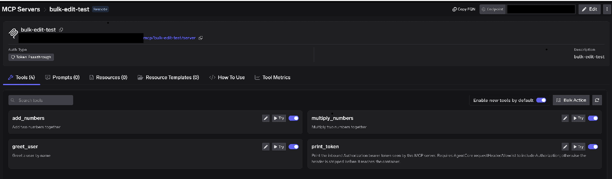 MCP server Tools tab showing per-tool toggles, Try and Edit controls, an Enable new tools by default switch, and a Bulk Action button