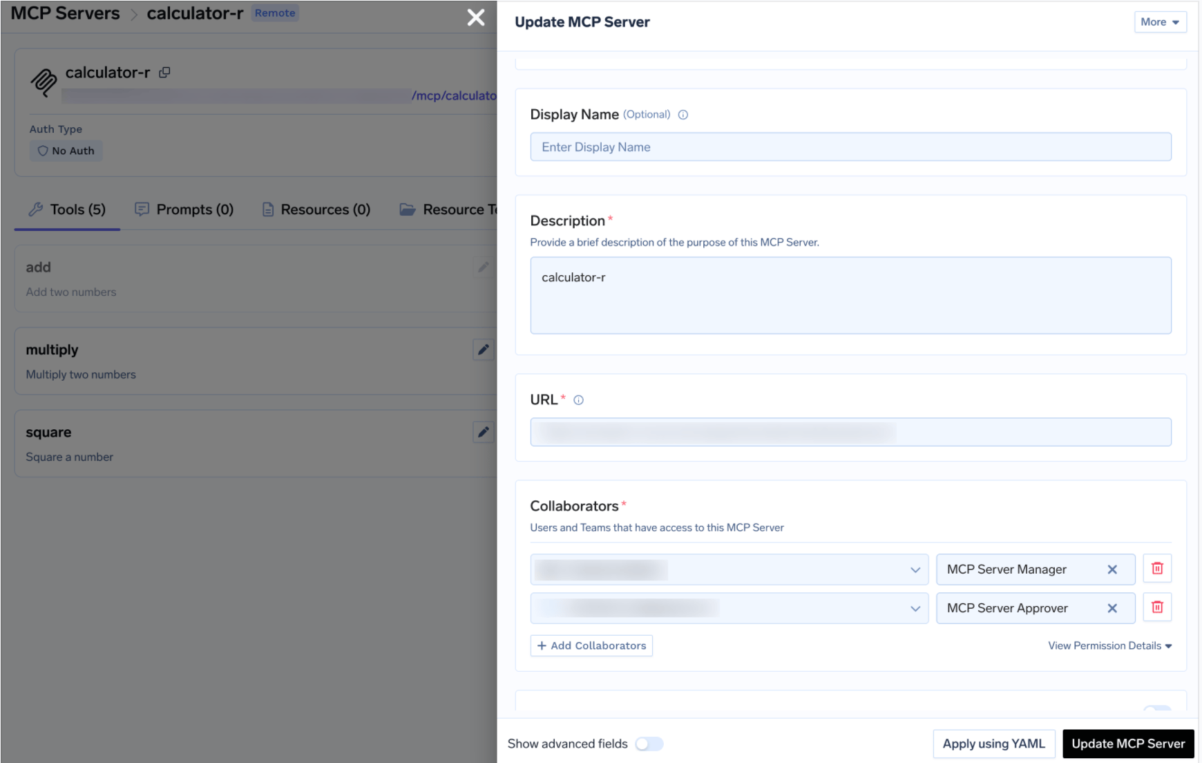 Update MCP Server drawer showing the Collaborators section with MCP Server Manager and MCP Server Approver roles assigned