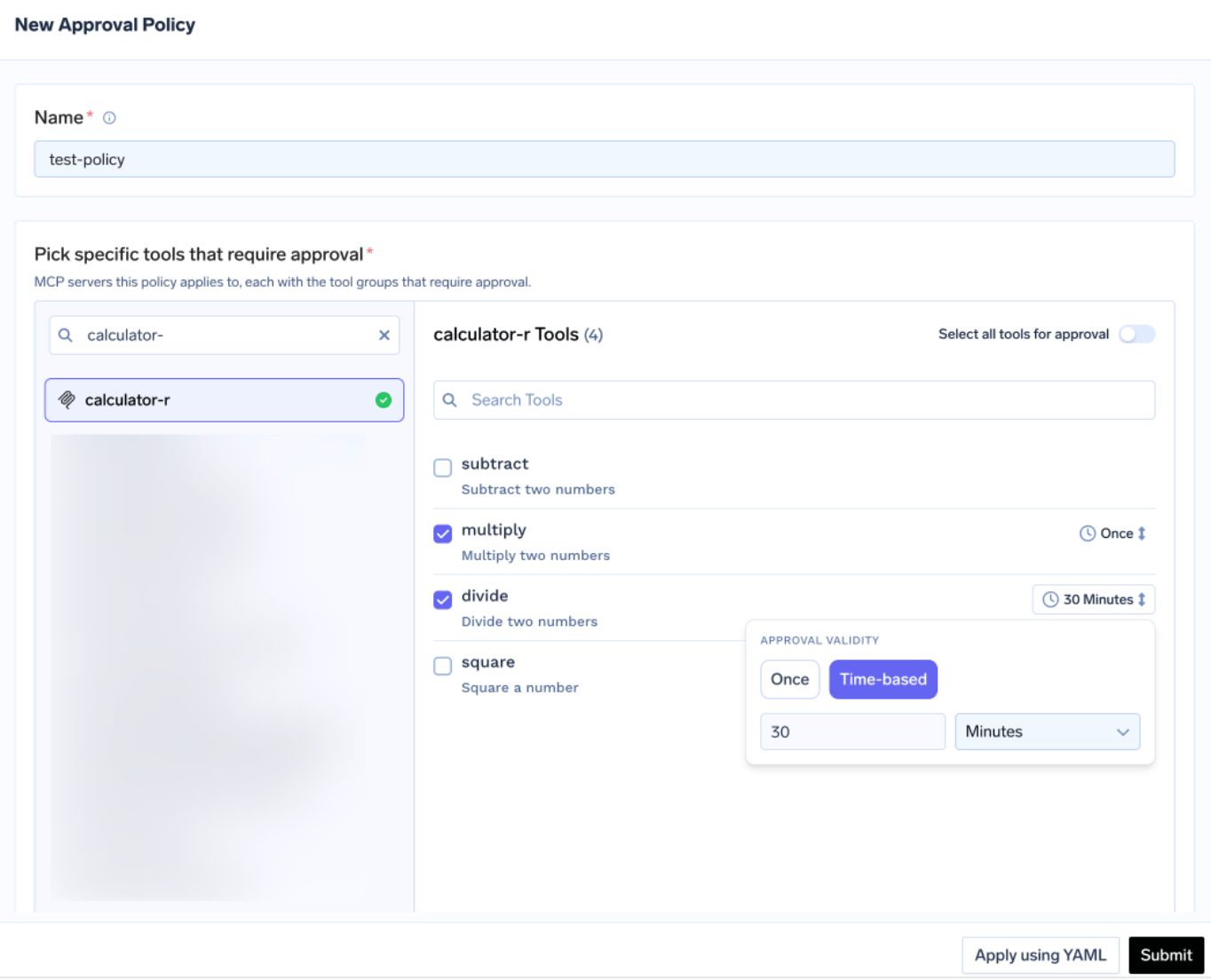 New Approval Policy form showing MCP server and tool selection with Once and Time-based approval validity options