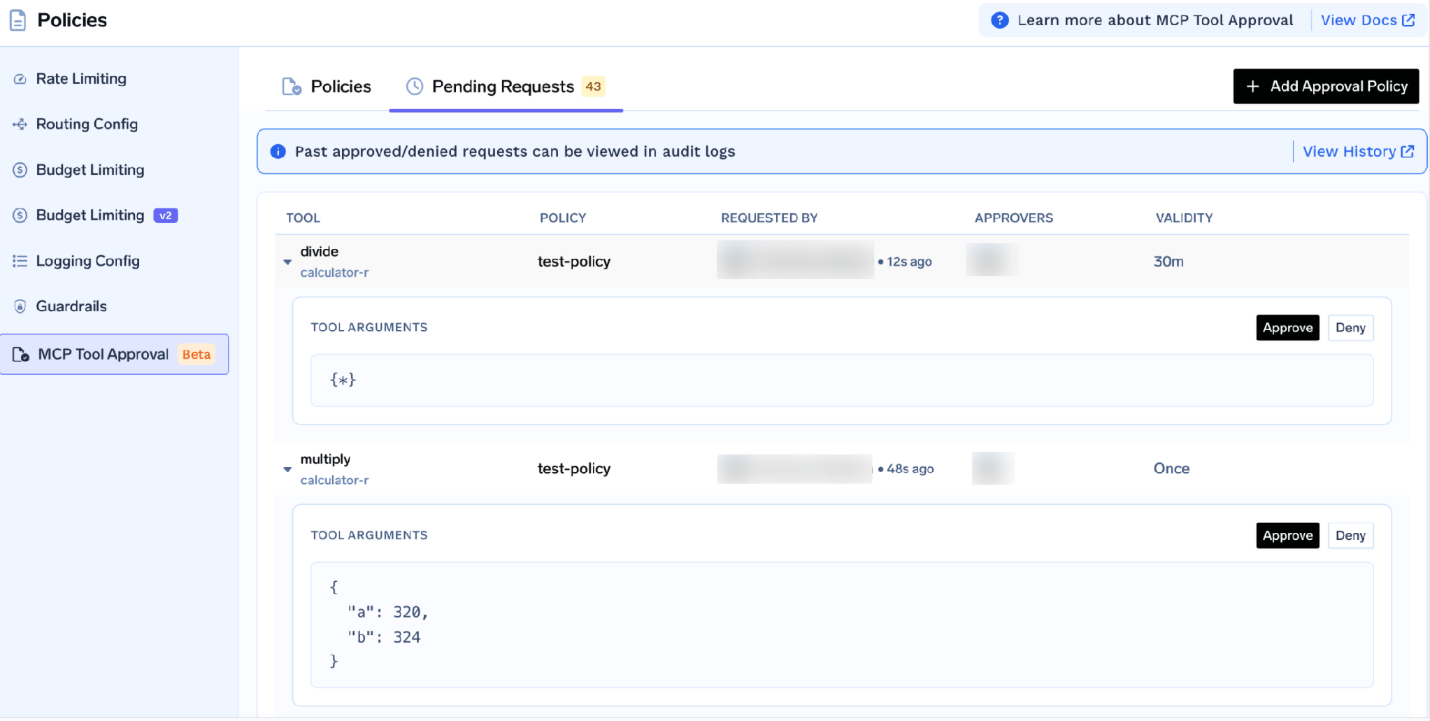 Pending Requests tab listing held tool calls with tool arguments, requester, validity window, and Approve and Deny actions