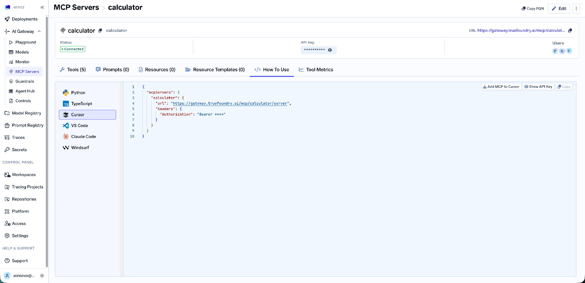 How To Use tab showing client snippets for Python, TypeScript, Cursor, VS Code, Claude Code and Windsurf, with Add MCP to Cursor and Show API Key buttons