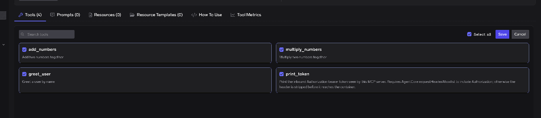Bulk edit mode on the Tools tab with tools selected via checkboxes and Save and Cancel buttons visible