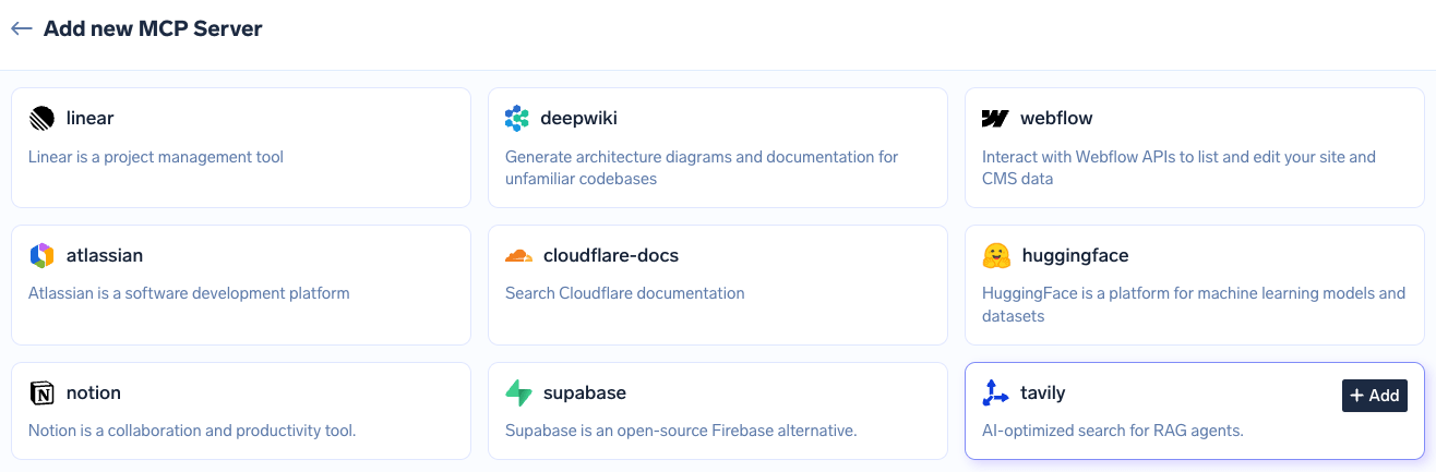 TrueFoundry Managed MCPs catalogue showing provider tiles with an Add button, where the platform supplies every URL, authentication detail, scope, and credential