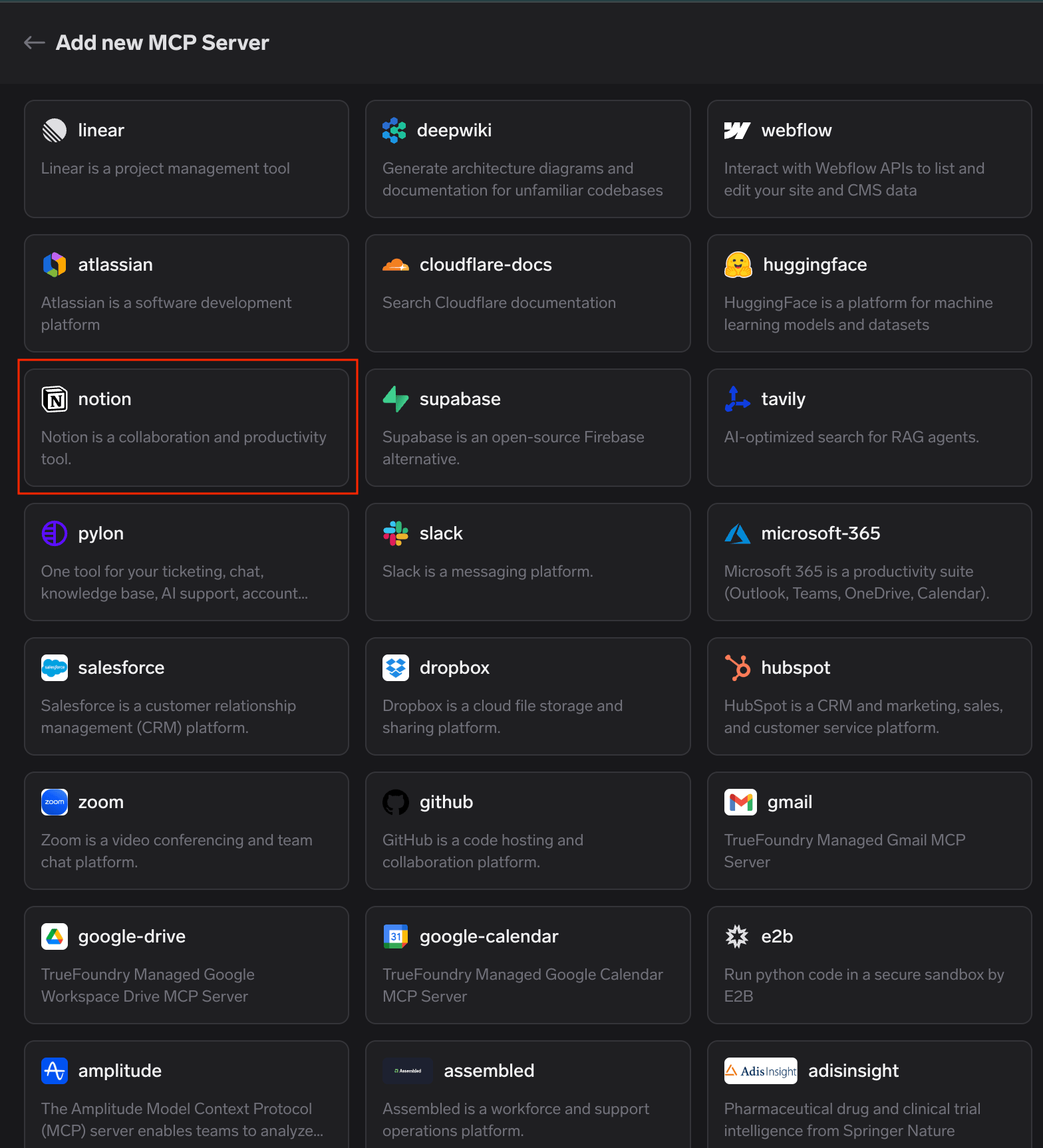 TrueFoundry managed MCP catalogue with the notion card highlighted among the available platform-verified MCP servers