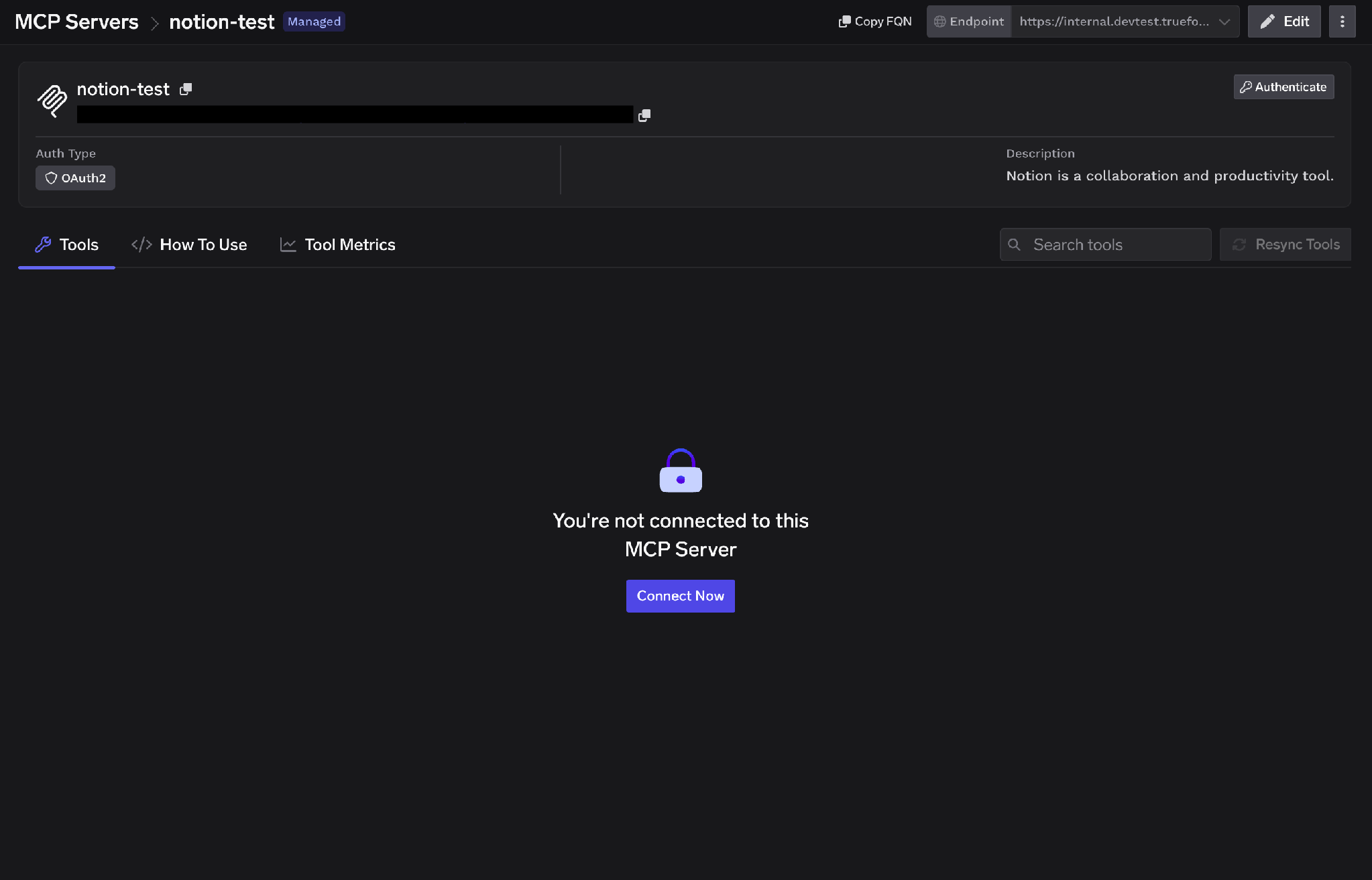Notion MCP server detail page showing the OAuth2 auth type and the Connect Now button on the not-connected Tools tab