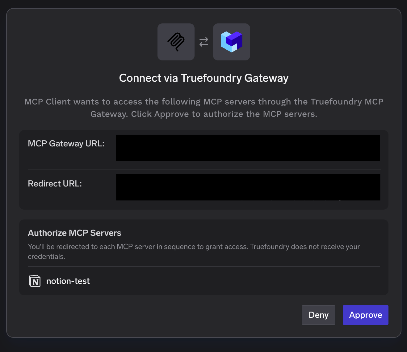 Connect via TrueFoundry AI Gateway popup listing the Notion server under Authorize MCP Servers with Deny and Approve buttons