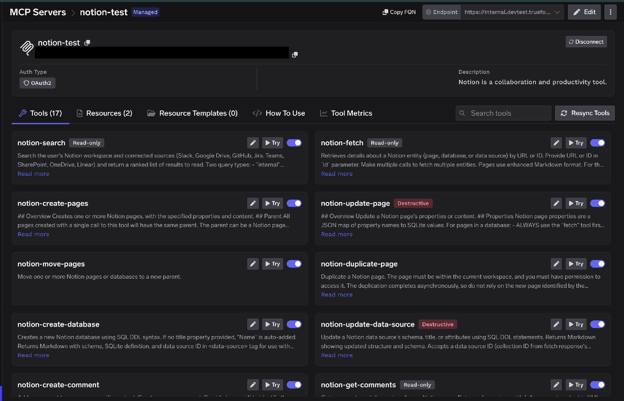 Notion Tools tab populated with tools including notion-search, notion-fetch, notion-create-pages and notion-update-page, each labeled Read-only or Destructive