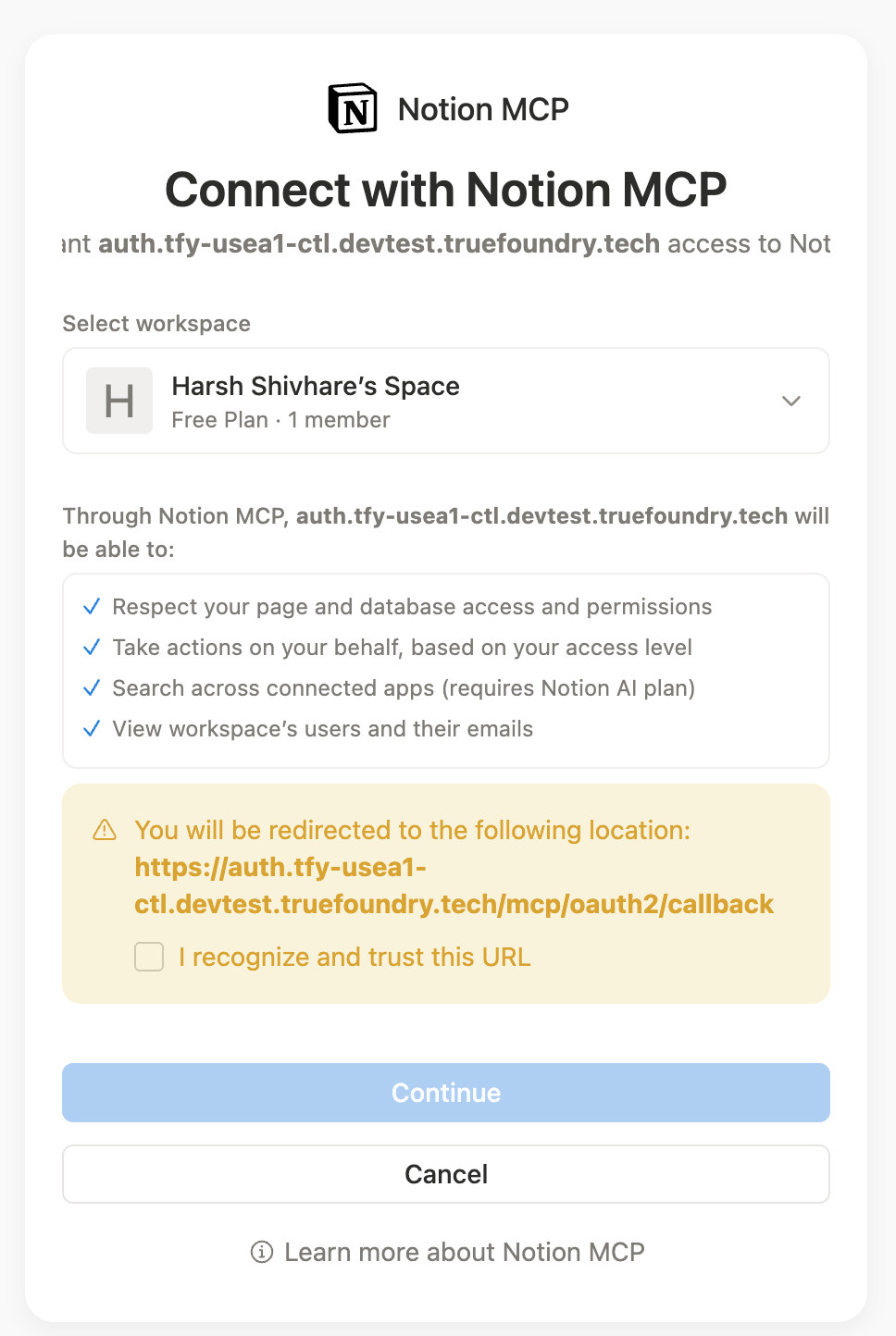 Connect with Notion MCP consent screen showing workspace selection, the list of granted permissions, and the Continue button