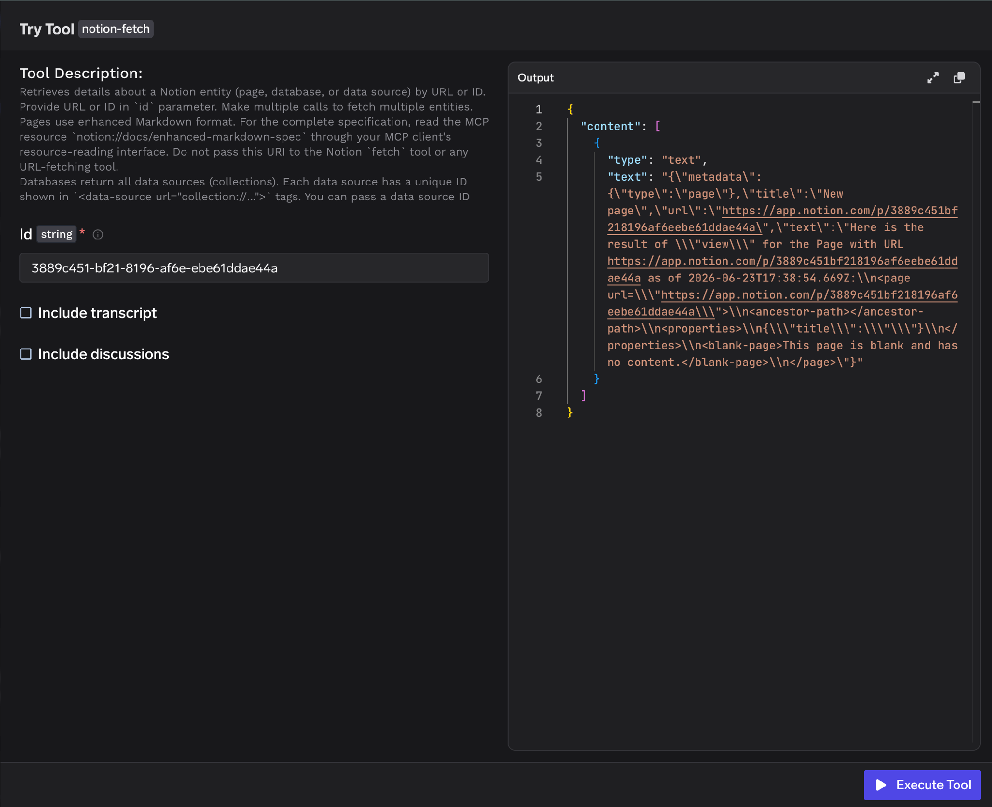 Notion tool playground showing the notion-fetch inputs and the JSON output panel with the returned page content