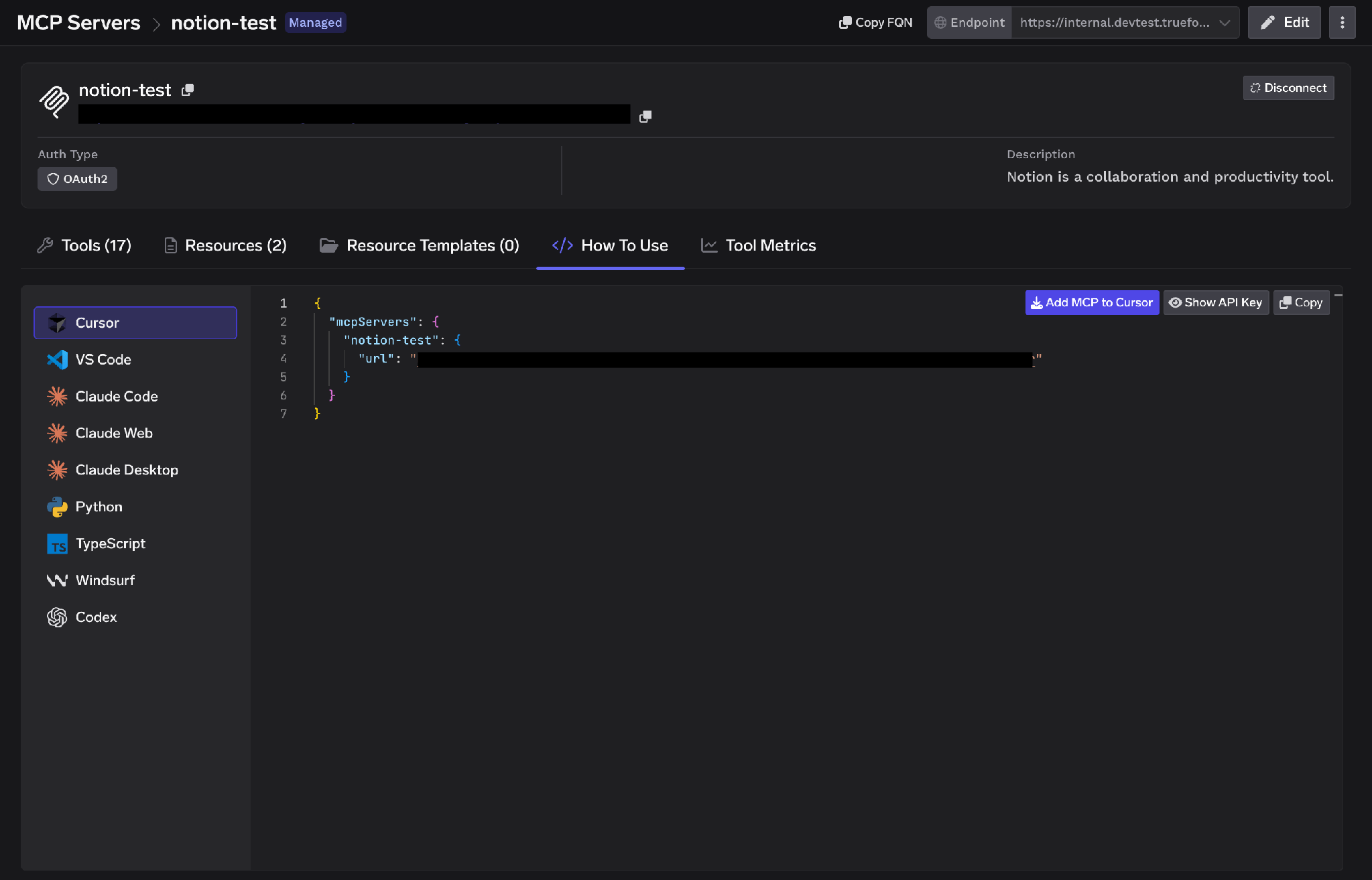 Notion How To Use tab showing generated connection commands for Cursor, VS Code, Claude Code and other MCP clients