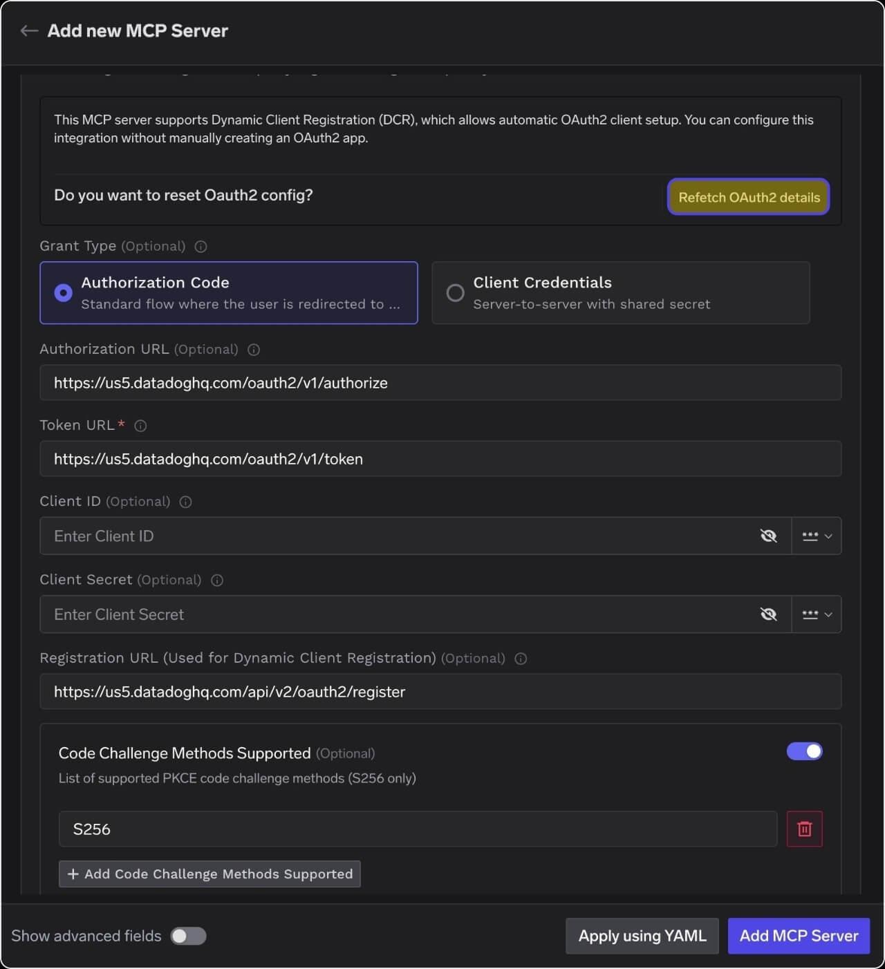 OAuth2 config panel showing the Dynamic Client Registration banner, the Refetch OAuth2 details button, Grant Type set to Authorization Code, Authorization URL, Token URL, Registration URL, and Code Challenge Methods Supported set to S256