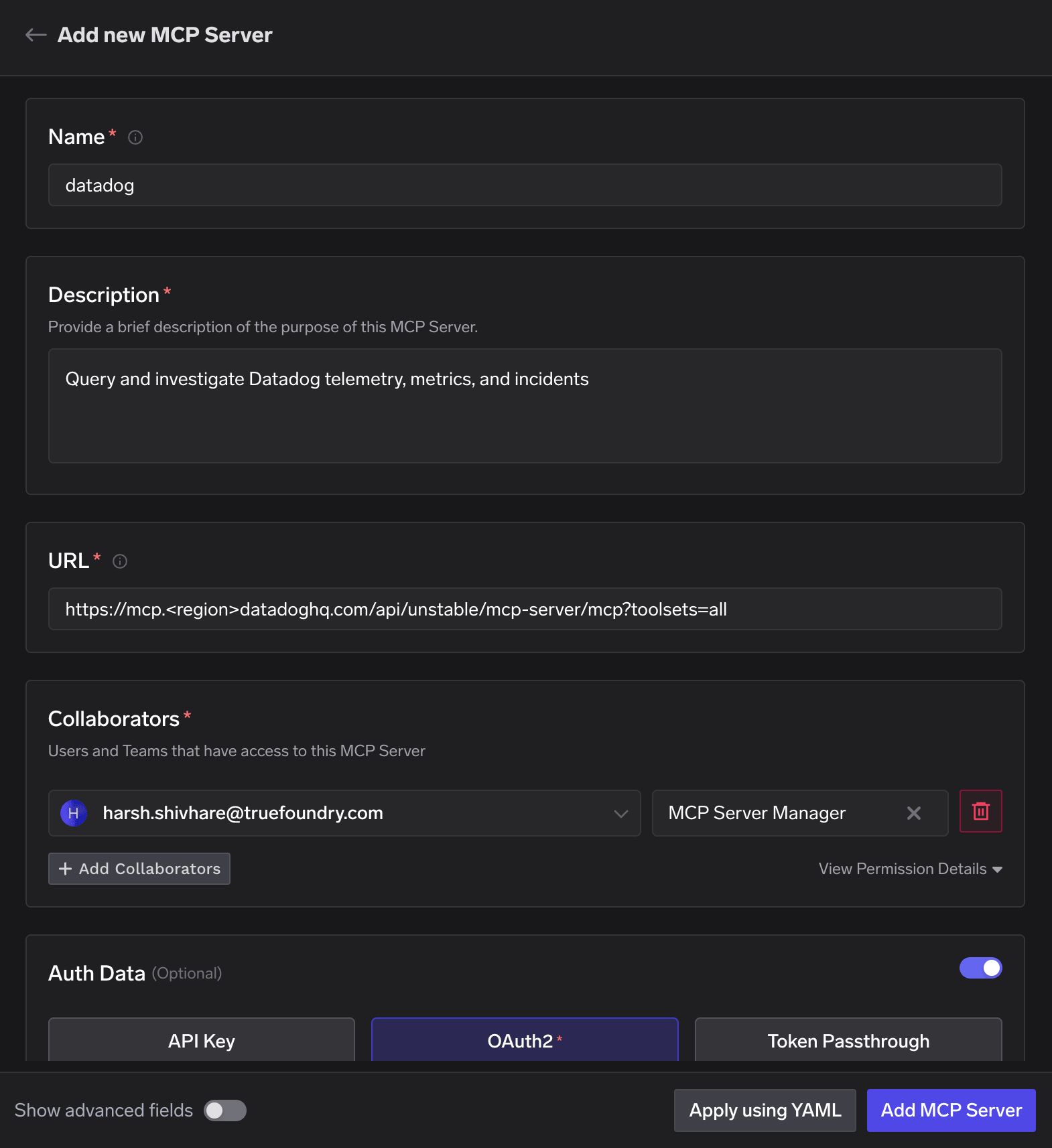 Add new MCP Server form showing Name datadog, the pre-filled description, the URL field containing a region placeholder, the Collaborators section, and Auth Data set to OAuth2