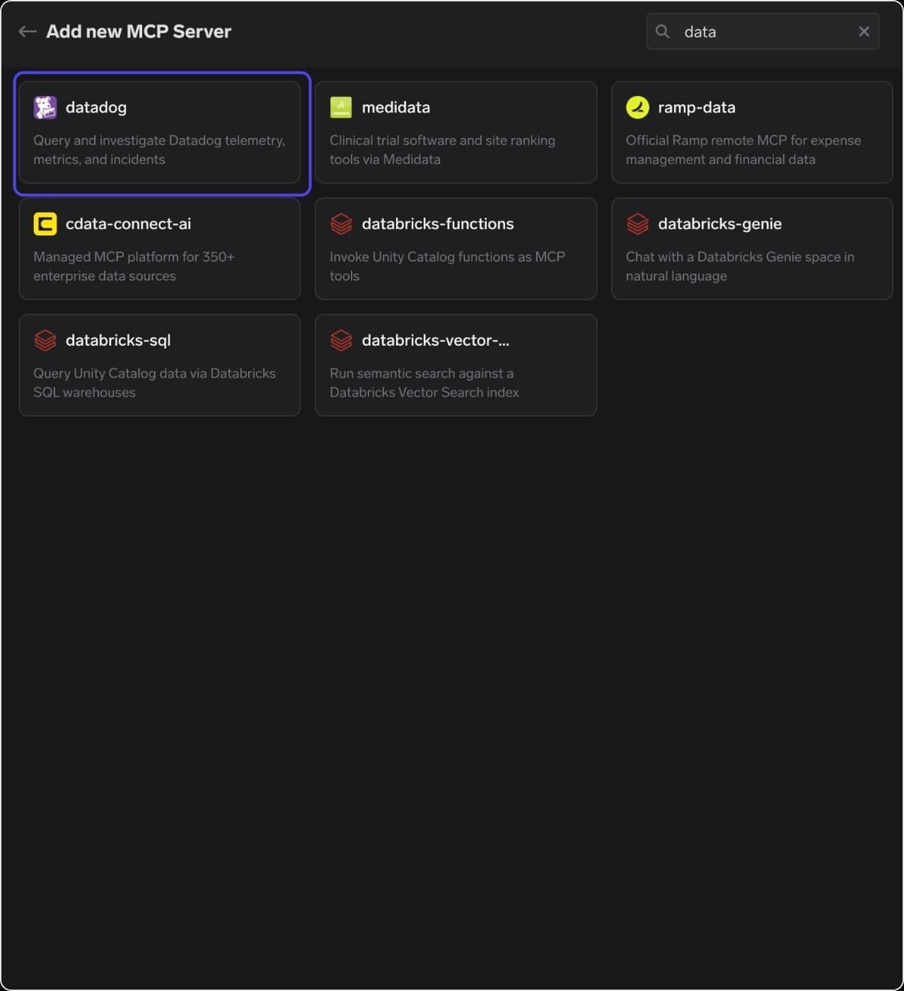 Official remote MCP catalogue search filtered to ‘data’, showing the datadog card next to medidata, ramp-data, cdata-connect-ai and databricks entries