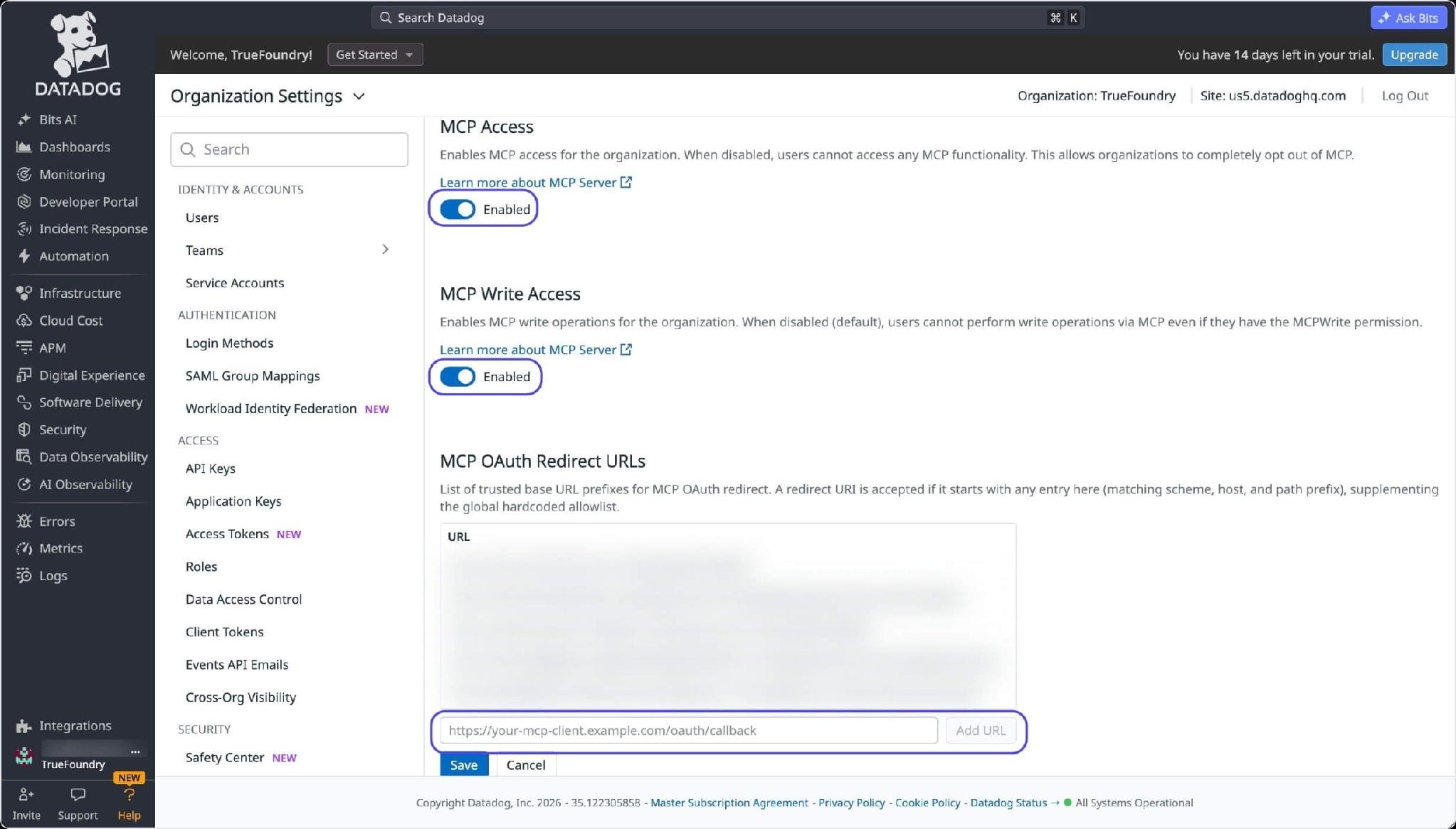 Datadog Organization Settings Preferences page showing MCP Access and MCP Write Access enabled and the MCP OAuth Redirect URLs section with an Add URL field