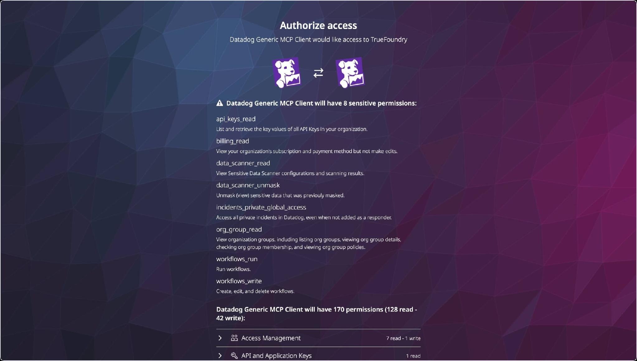 Datadog Authorize access screen listing the sensitive permissions the MCP client is requesting along with the total permission count