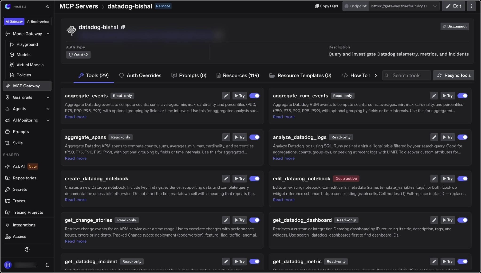 Connected Datadog MCP server detail page showing OAuth2 auth type and the Tools tab listing aggregate_events, aggregate_spans, analyze_datadog_logs, create_datadog_notebook, get_datadog_dashboard and get_datadog_incident