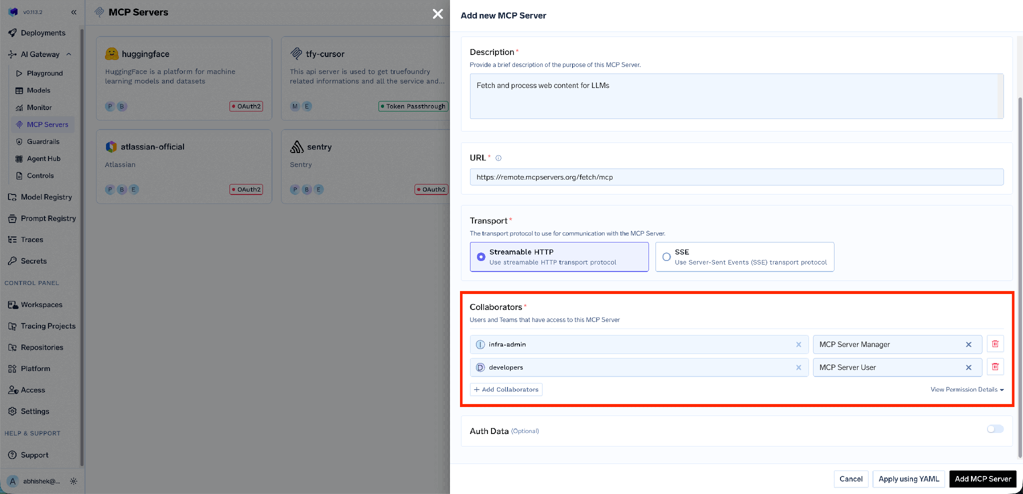 MCP Server Collaborators section with users, teams and role assignments