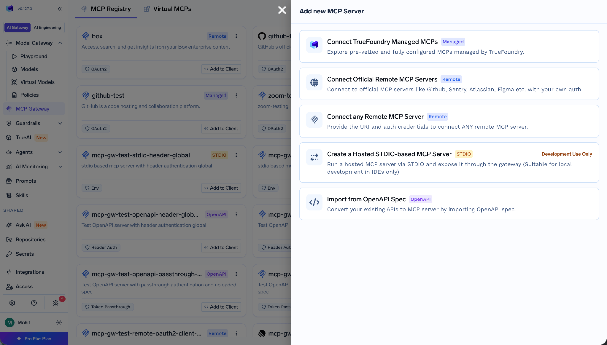 Add MCP Server picker with Connect any Remote MCP Server alongside managed and official remote options
