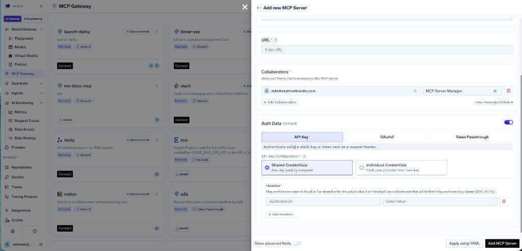 API Key auth with Shared Credentials and header name and value fields