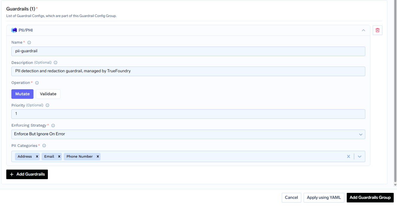PII/PHI Detection form with entity category selection and enforcing strategy