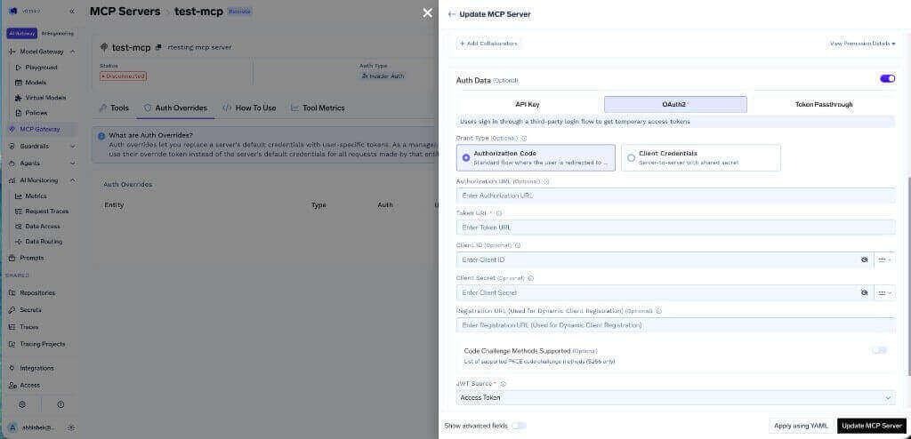 OAuth2 configuration panel with Authorization Code and Client Credentials grant options