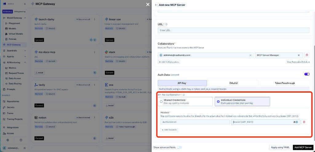 API Key authentication in Individual Credentials mode with a Bearer token placeholder