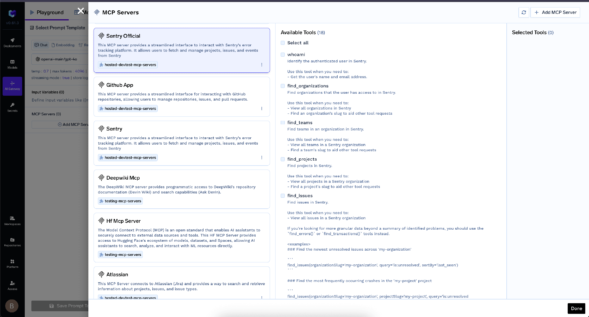MCP server detail view listing tools available after OAuth2 authentication