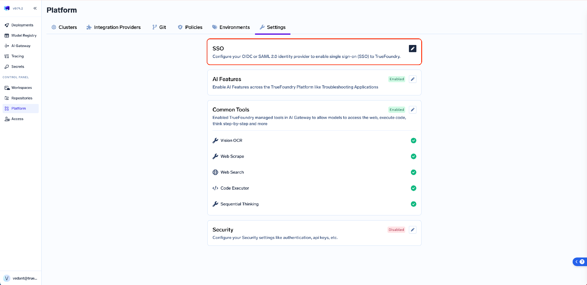 TrueFoundry SSO settings screen with the Enabled toggle, SSO Provider selector, and Authentication Configuration section