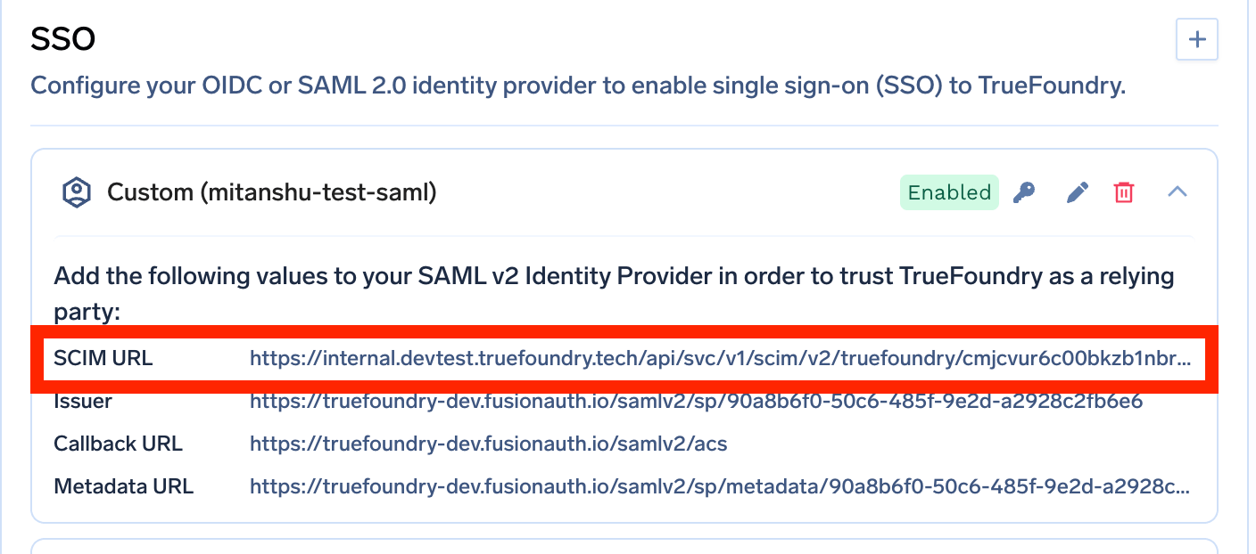 SCIM Base URL shown in the TrueFoundry SSO configuration panel