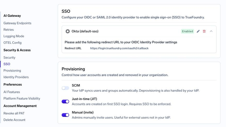 Settings, Security and Access, Provisioning page where SCIM is enabled