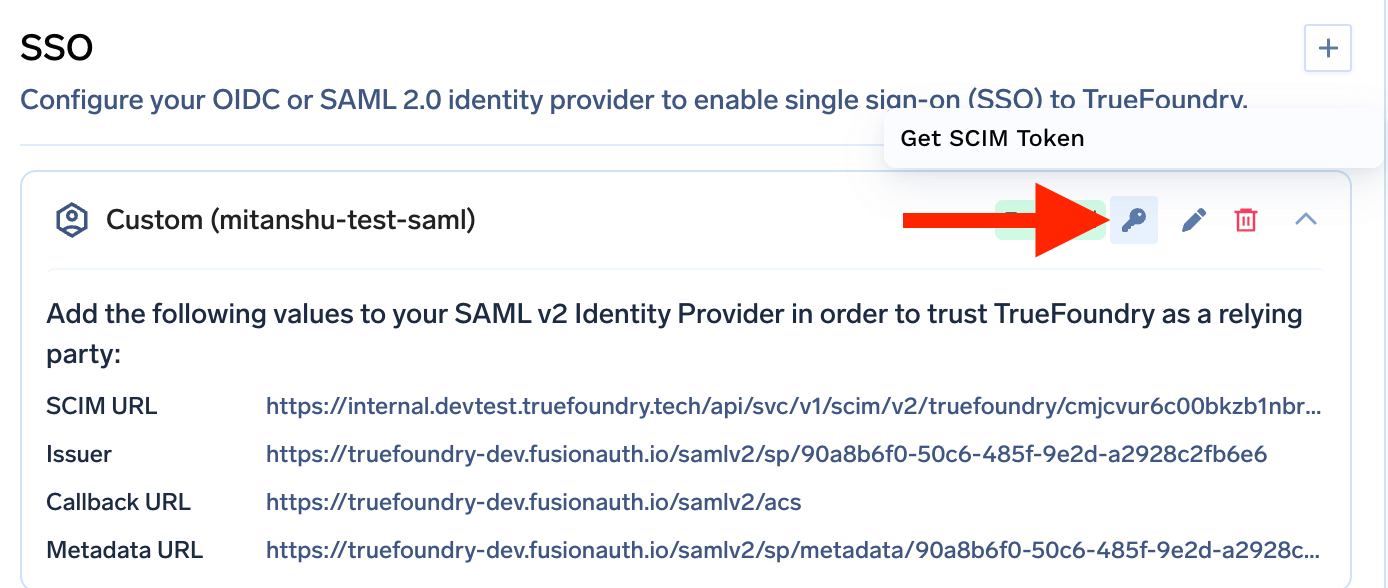 Key icon next to an SSO configuration row with the option to generate and copy a SCIM token