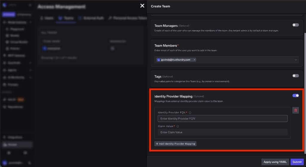 Team creation form showing the Identity Provider FQN and Claim Value fields used to map an IdP claim to a team