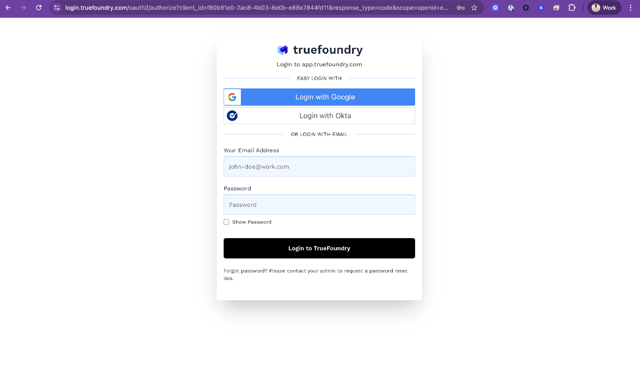 TrueFoundry login page showing the single sign-on button rendered for the configured identity provider
