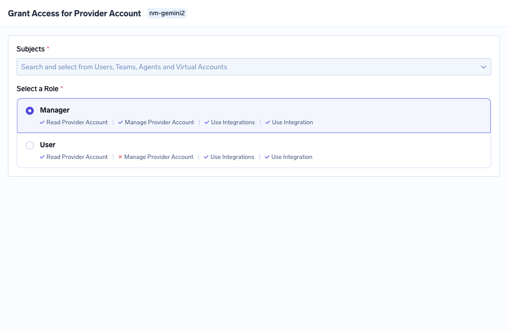 Grant Access drawer showing a subject selector and the available roles for a resource