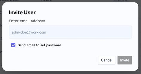 Invite User dialog with an email field and the Send email to set password checkbox