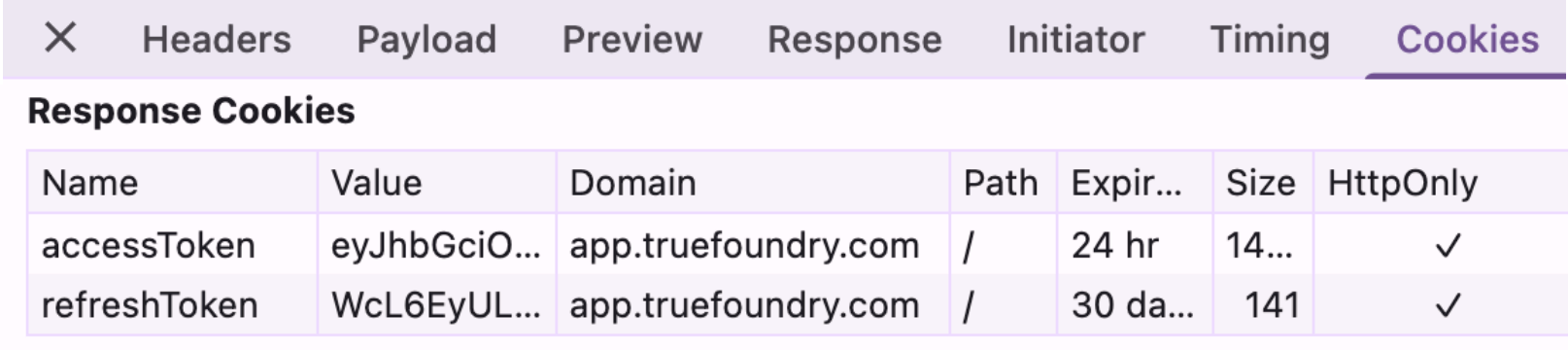 Browser cookies showing accessToken and refreshToken set as HttpOnly by the control plane