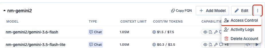 Three-dot menu on a model provider account with the Access Control option selected