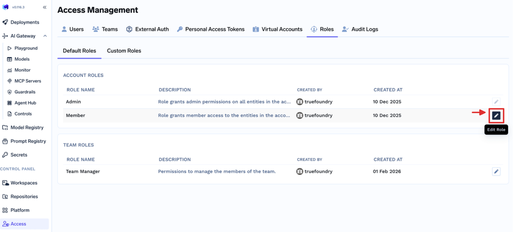 Default Roles list showing the Member role available to edit beside the uneditable built-ins