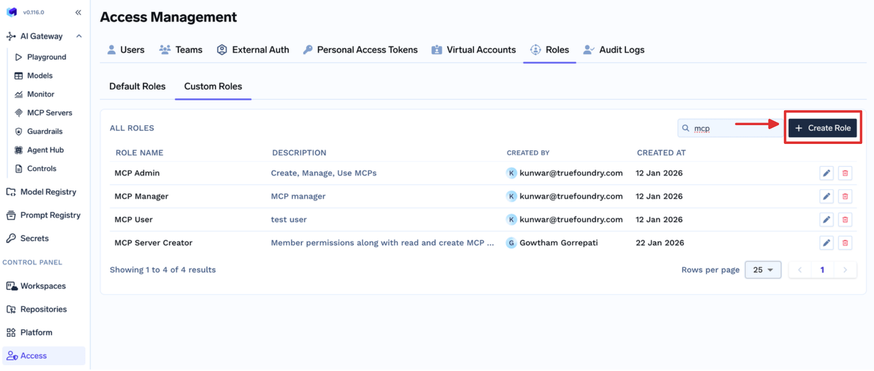 Custom Roles page with the Create Role button highlighted