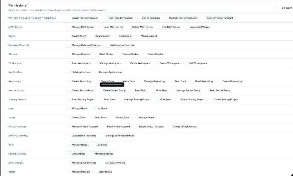 Custom role form showing platform permissions grouped by resource type