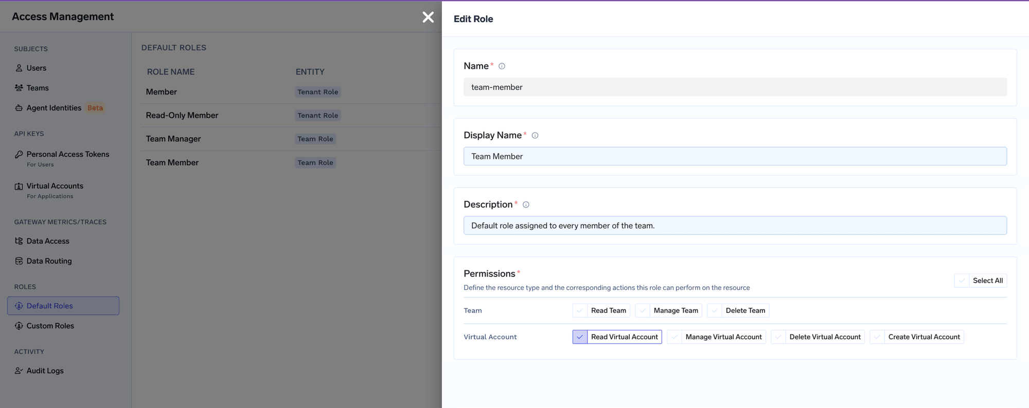 Edit Role drawer for Team Member showing the team-scoped Virtual Account permissions
