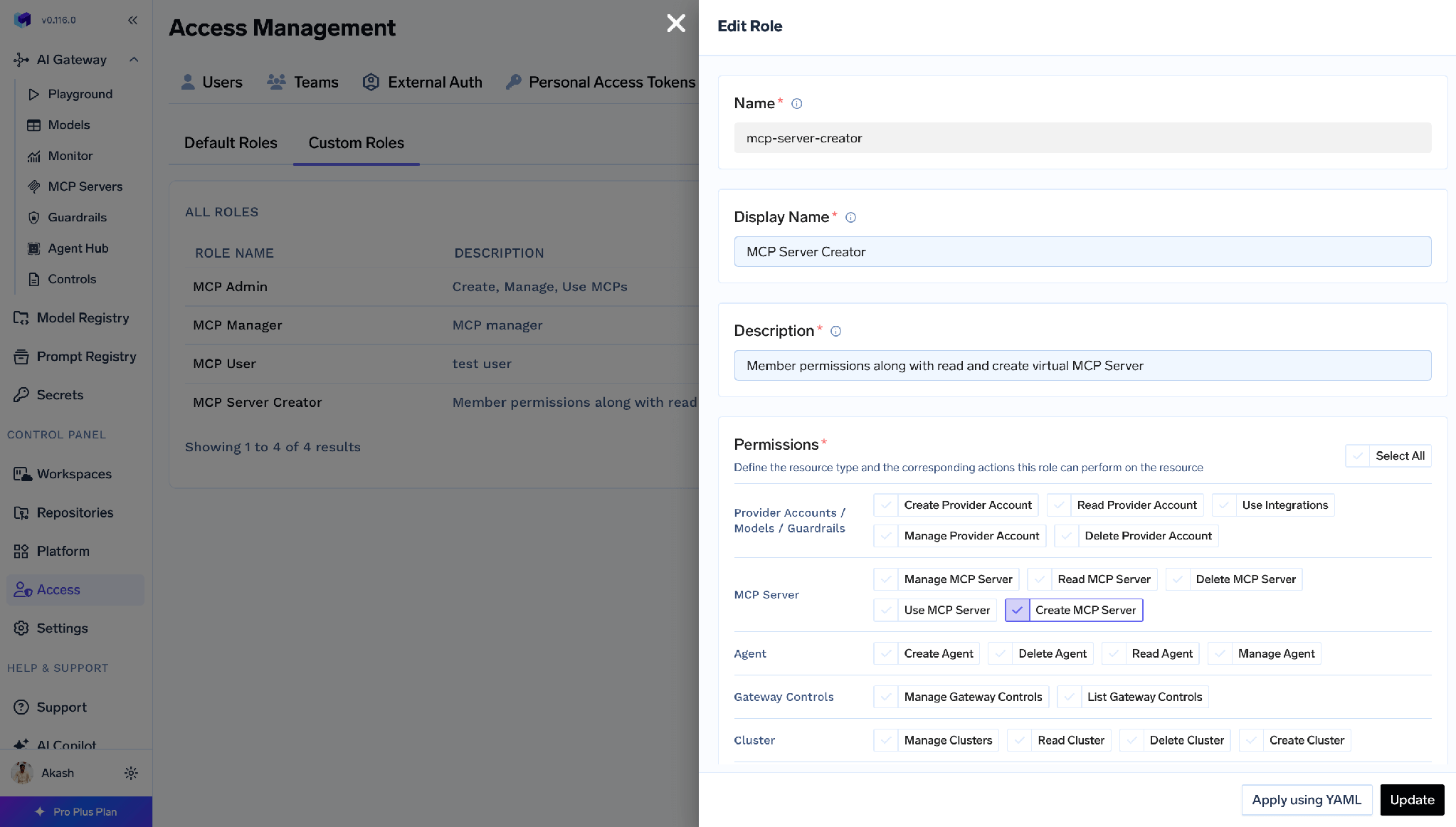 Custom role form with the Create MCP Server permission selected