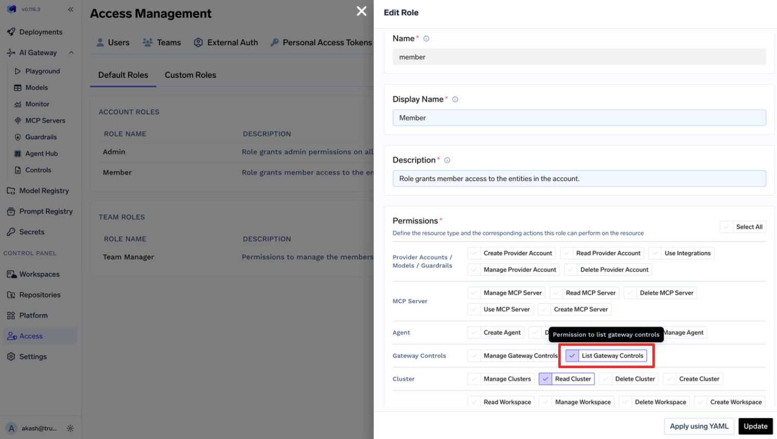 Member role form with the List Gateway Controls permission selected