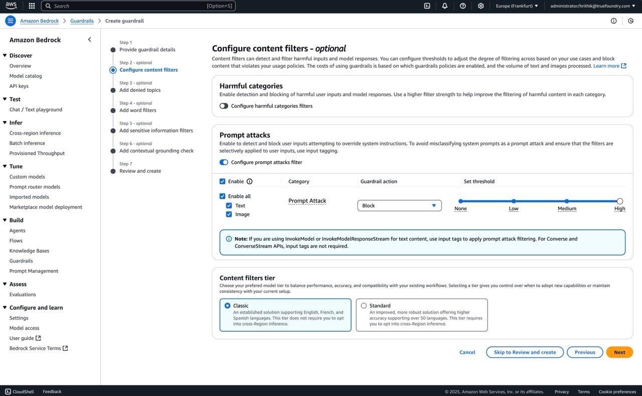 AWS Bedrock console with prompt attack prevention set to block