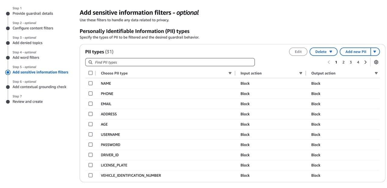 AWS Bedrock sensitive information filter with input and output actions set to block