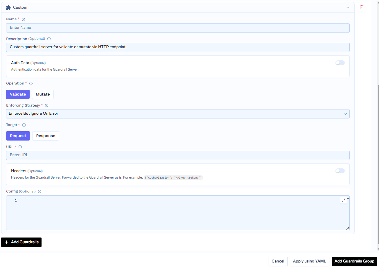 Custom Guardrail form with operation type, URL, auth data, headers, and config fields